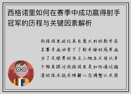 西格诺里如何在赛季中成功赢得射手冠军的历程与关键因素解析
